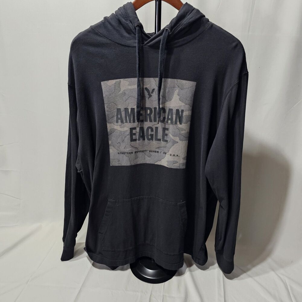 American Eagle Pullover Hoodie Black with Pocket Mens XL